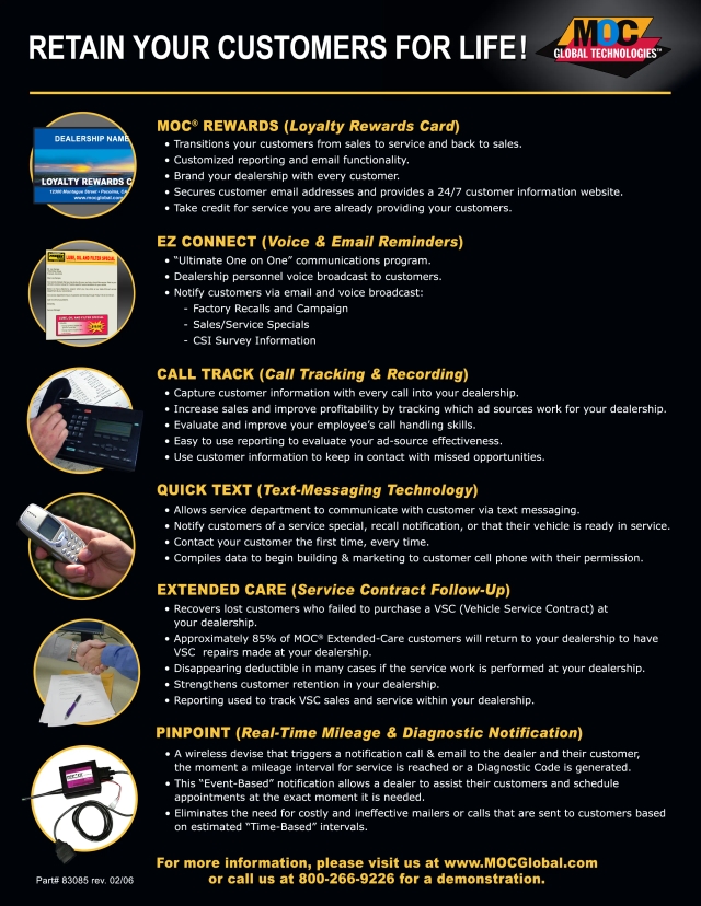 MOC Global Technologies dealer sell sheet, "Retain Your Customers For Life"