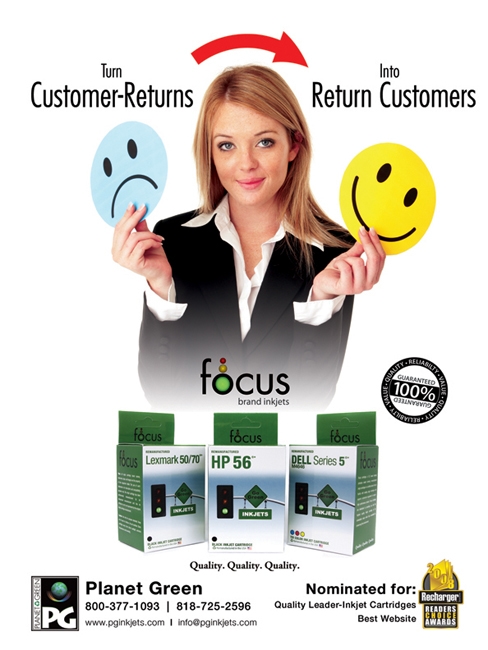 Focus Brand Inkjets magazine ad about turning customer returns into return customers